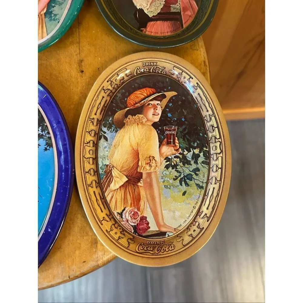 Vintage Victorian Collectible Coca Cola Mini Tin Oval Trays Made in Hong Kong 6